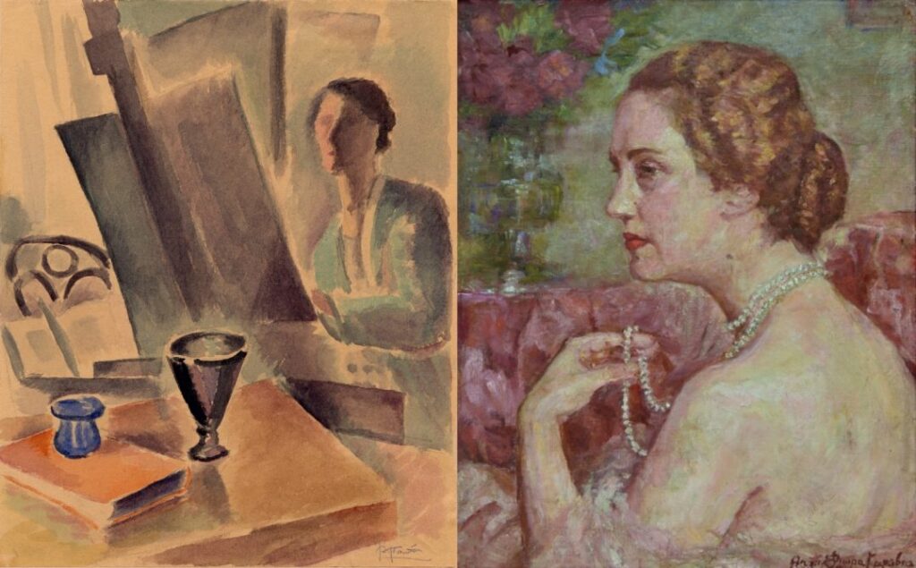 Izquierda: Aglaia Papa (1903-1984), Mujer en el caballete, acuarela, 30Χ24 cm; derecha: Thalia-Flora Karavia (1871-1960), Dama con perlas, óleo, 51X41 cm.