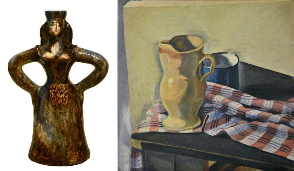 Izquierda: Céleste Polychroniadis (1904-1985), Jarrón en forma de dama minoica, arcilla - esmalte, 55 cm; derecha: Rea Leontaritou (1910-1992), Jarra (Naturaleza muerta), 43Χ45 cm.