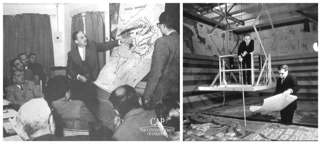 Constantinos Doxiadis | Doxiadis presentando sus primeras ideas sobre el Plan Maestro de Islamabad en febrero de 1960 © The Citizens Archive of Pakistan; Doxiadis supervisando la maqueta de Islamabad © Constantinos and Emma Doxiadis Foundation