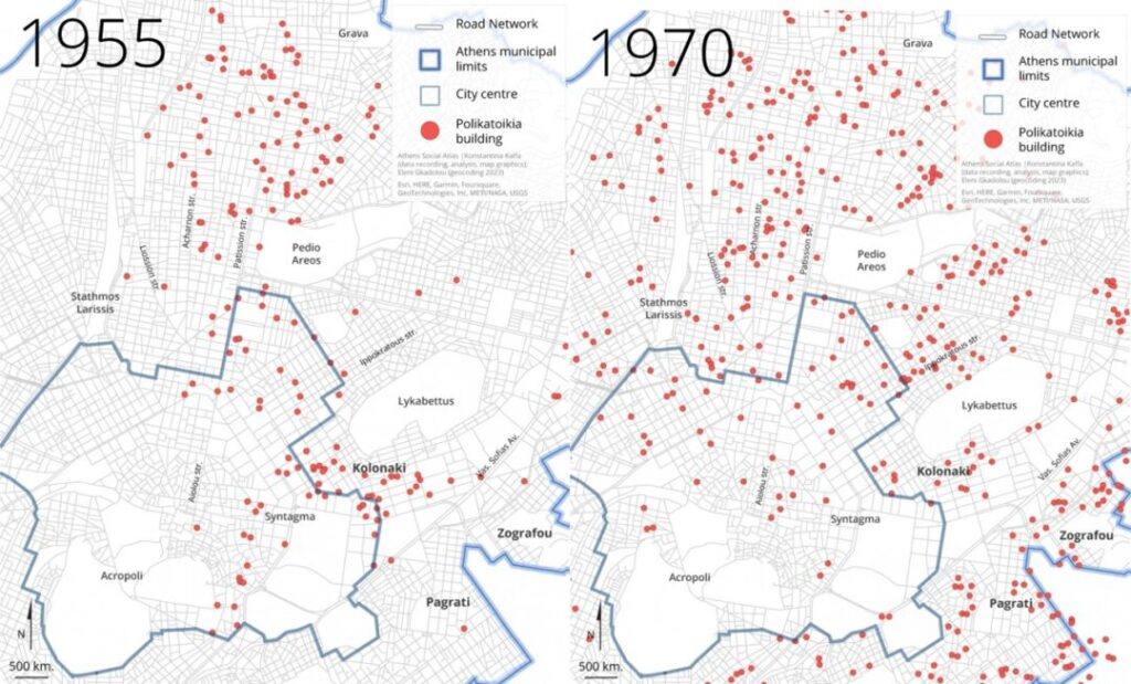Distribución espacial de todos los permisos de construcción para edificios de apartamentos en el municipio de Atenas (1955-1970)
Fuente: www.athenssocialatlas.gr