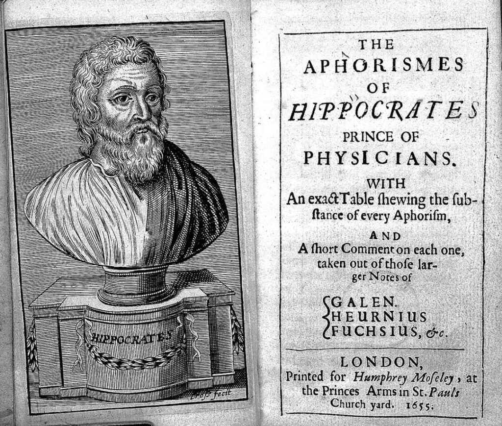 Portada de los Aforismos de Hipócrates de una traducción inglesa de 1655 (galería Wellcome Collection vía Wikimedia Commons)