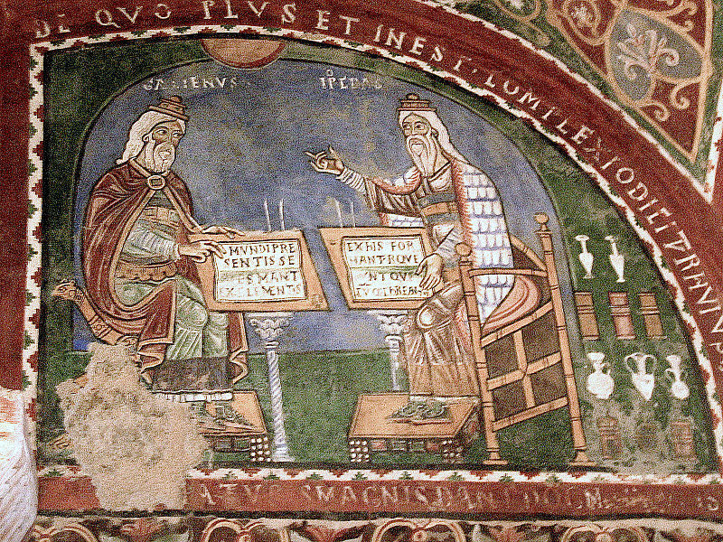 Pintura mural con Galeno e Hipócrates. Siglo XII; Anagni, Italia (vía Wikimedia Commons)