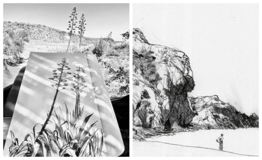 Dimitris Papaioannou, Bocetos del natural, 93, lápiz sobre papel, 42x30cm, 2021(izquierda), Bocetos del natural, 11, lápiz sobre papel, 42x30cm, 2021(Fuente: facebook.com/papaioannou.page)