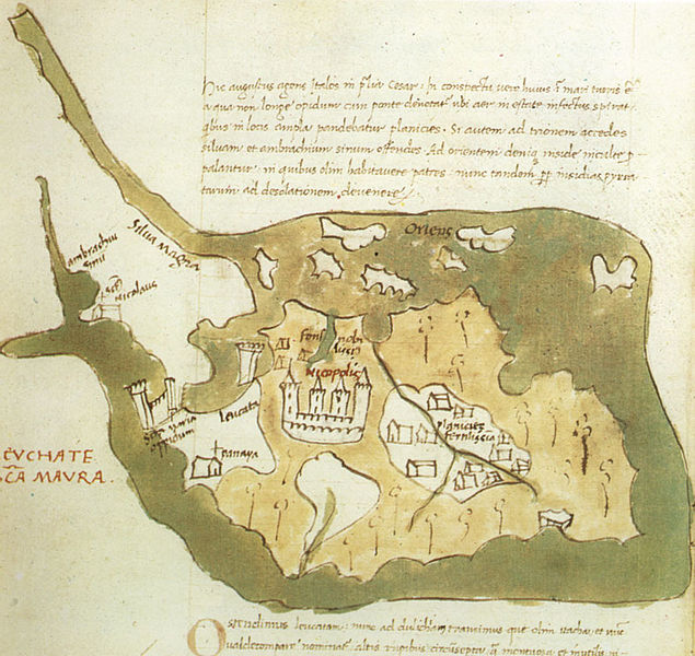 

Cristoforo Buondelmonti, Liber Insularum Archipelagi (1420), isla de Lefkada, mar Jónico | Via Wikimedia Commons 
https://tinyurl.com/mteac9nx