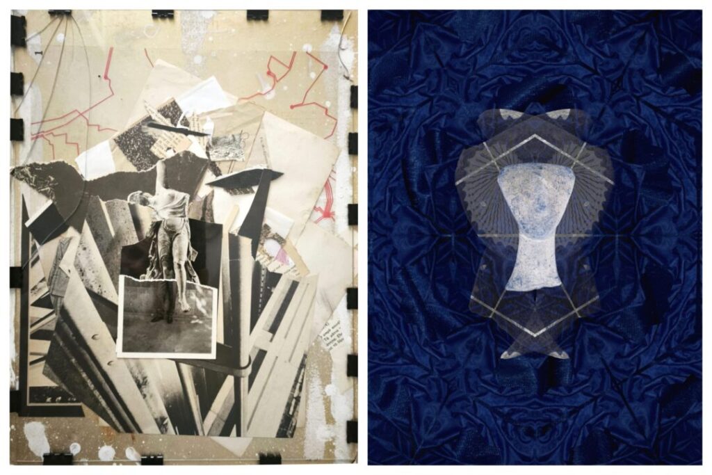 Stavros Kassis, Ephemera, objet trouvé papers, postales, fotografías, cartón, clips, vidrio, 31 x 42 cm (izquierda) | Thanos Makris, Ejercicios efímeros de melancolía – Después de Skarkos VII, 2025, impresión digital sobre acryluxe, 29,7 x 42 cm (derecha)