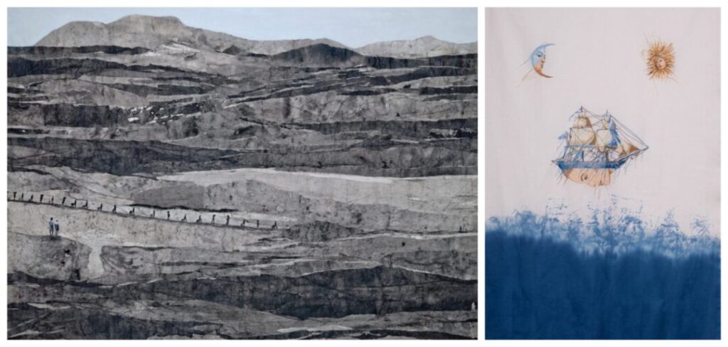 Constantin Massos, El Paso, 2016, técnica mixta sobre lienzo, 100 x 140 cm (izquierda) |Ifigeneia Sdoukou, Navegando, 2023, tela teñida a mano y bordada, 100 x 65 cm (derecha)