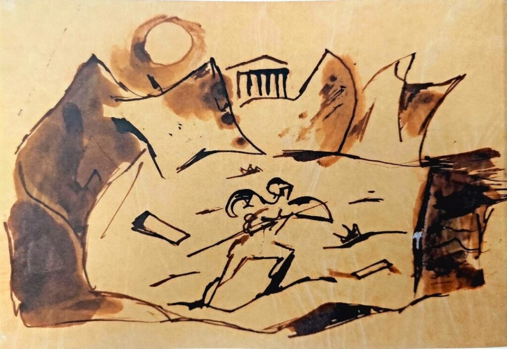 D. Pikionis, de la serie “Ática” (Museo Benaki, Catálogo de la Exposición). En la obra de Pikionis, la tipología de la arquitectura moderna se abre a inspiraciones vernáculas, al pasado en parte antiguo, en parte mítico, y al entorno natural, del cual se originan todas las formas culturales y al cual finalmente retornarán. (Fuente: Kassel Documenta 14)